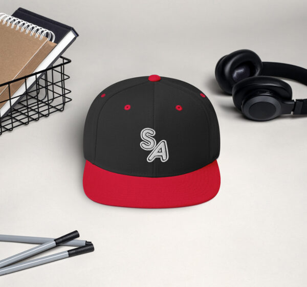 Customised Black & Red Snapback Cap Custom printed t-shirts, caps, and hats with personalised designs for events, teams, brands, gifts, and everyday wear.